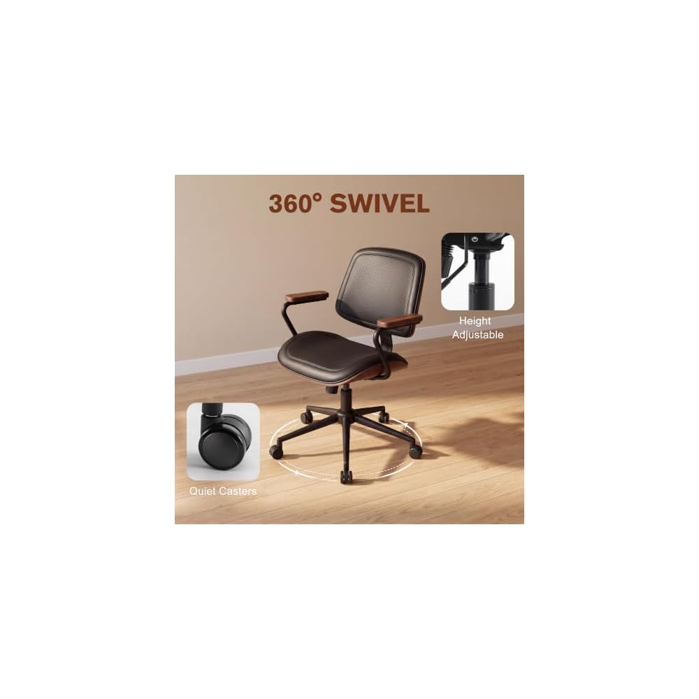 Mid-Century Modern Home Office Desk Chair with Wood Armrests, Black