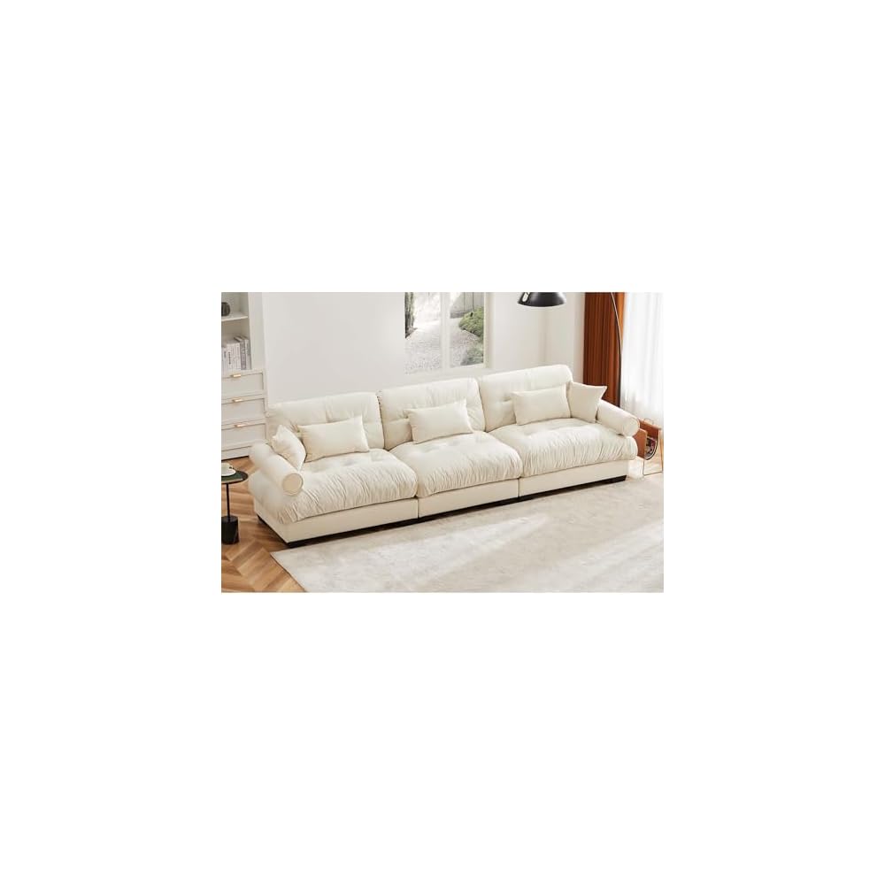 KEIKI 130" Oversized Velvet Modular Sectional Sofa with High-Density Foam Cushion and Bolstered Armrests, Upholstered Modern Style 3-Seater Cloud Couch with 5 Pillow, for Apartment, Living Room, Cream