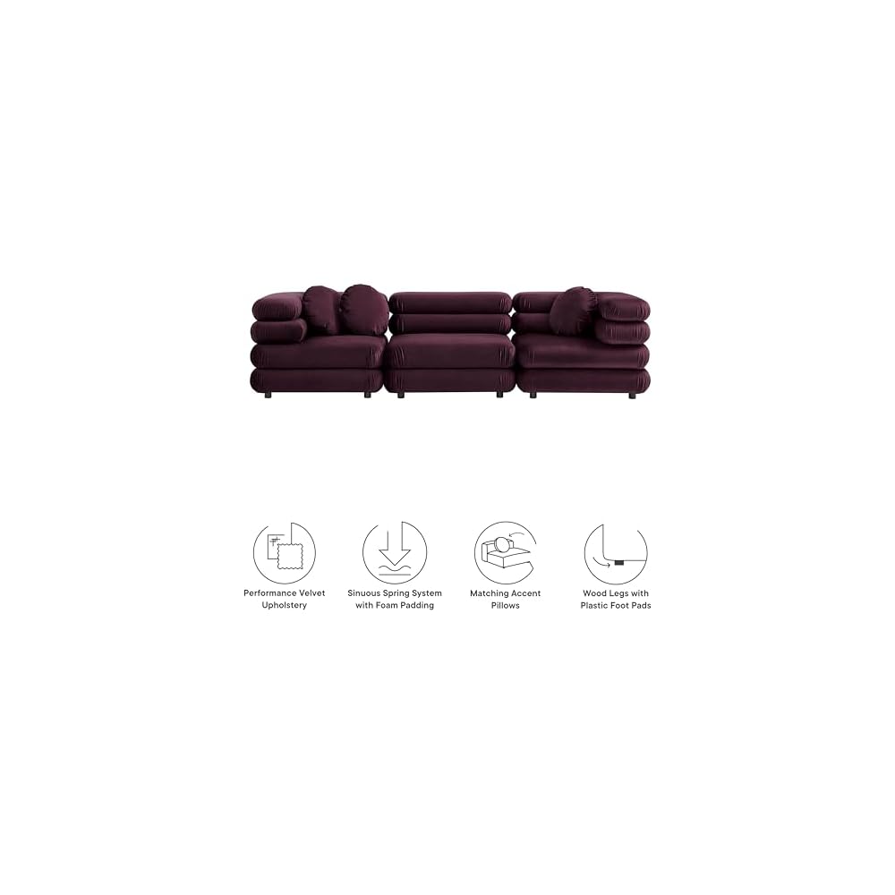 Modway Jubilee Performance Velvet 3 Piece Sectional Sofa in Mulberry