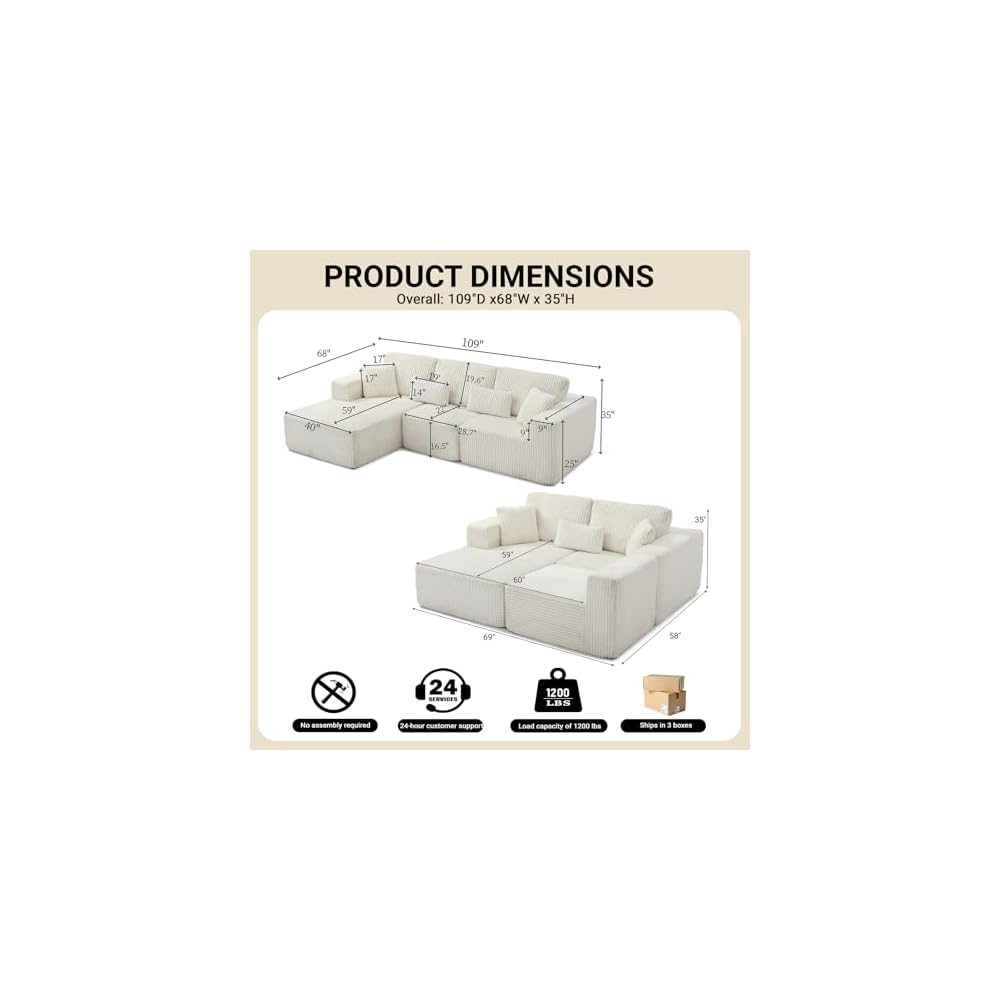 110 Inch Modular Sectional Sofa, L-Shaped Corduroy Boneless Couch with Chaise, Modern Deep Seat Sofa Upholstered Cloud Couches for Living Room, Bedroom, Apartment, Small Space, Beige