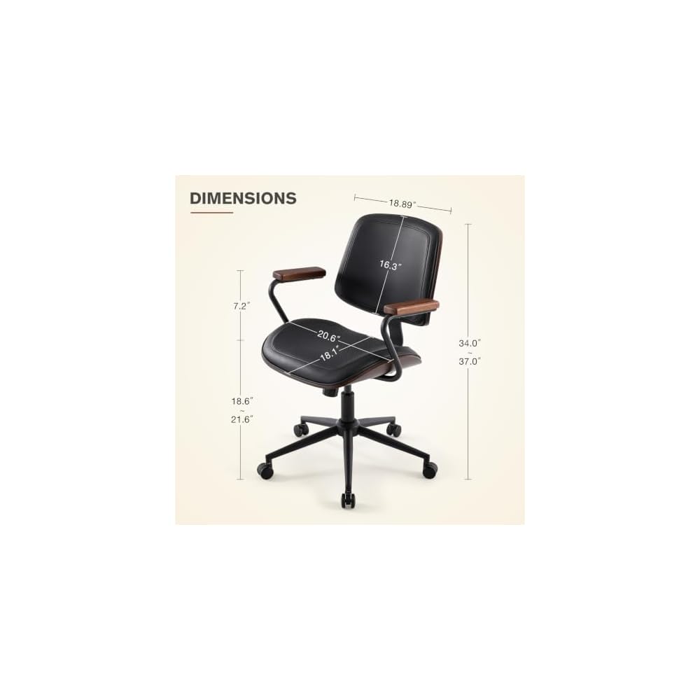 Mid-Century Modern Home Office Desk Chair with Wood Armrests, Black