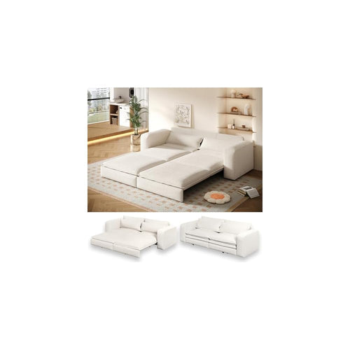 93" King Pull Out Sofa Bed, 3 in 1 Convertible Sleeper Sofa Couch, Comfy 3 Seater Sleeper Bed with 2 Pillows, Modern Upholstered Sherpa Fleece Futon Couches for Living Room, Bedroom, Beige
