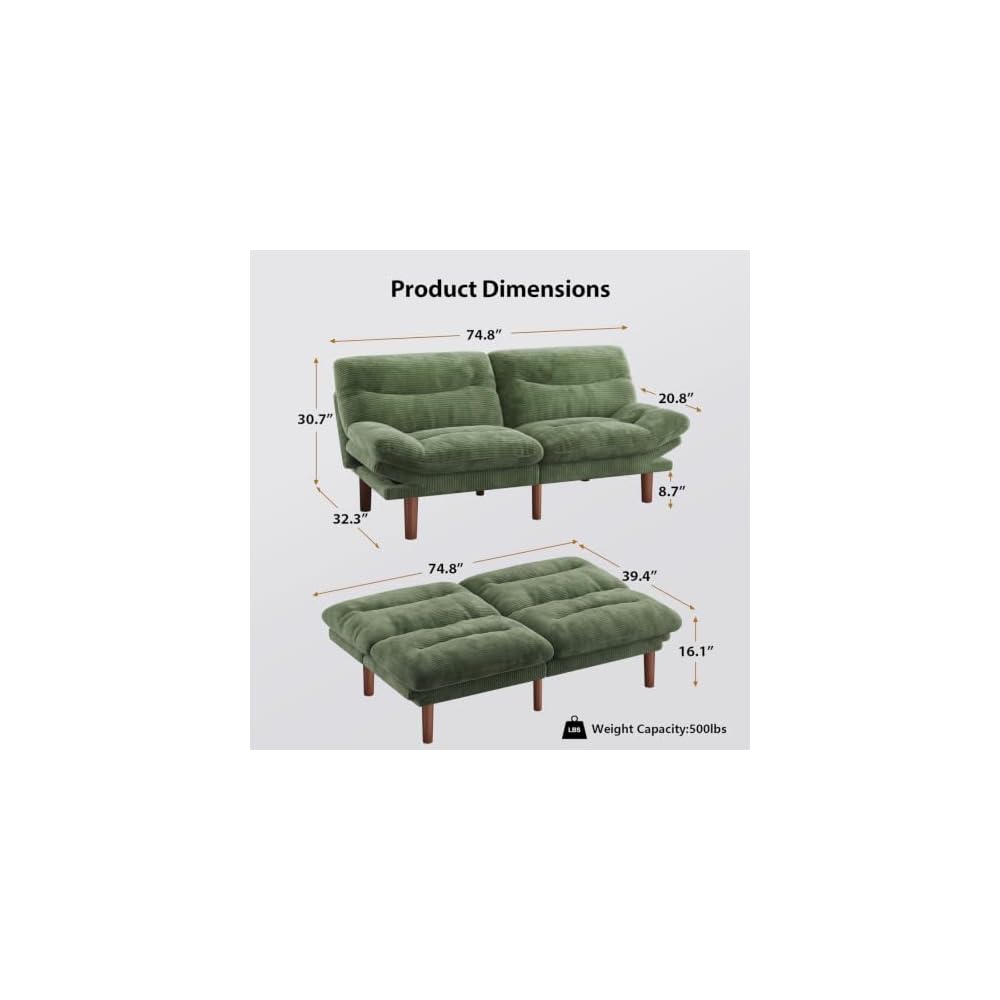 Pipishell Convertible Futon Sofa Bed, Corduroy, 75 inch, Green