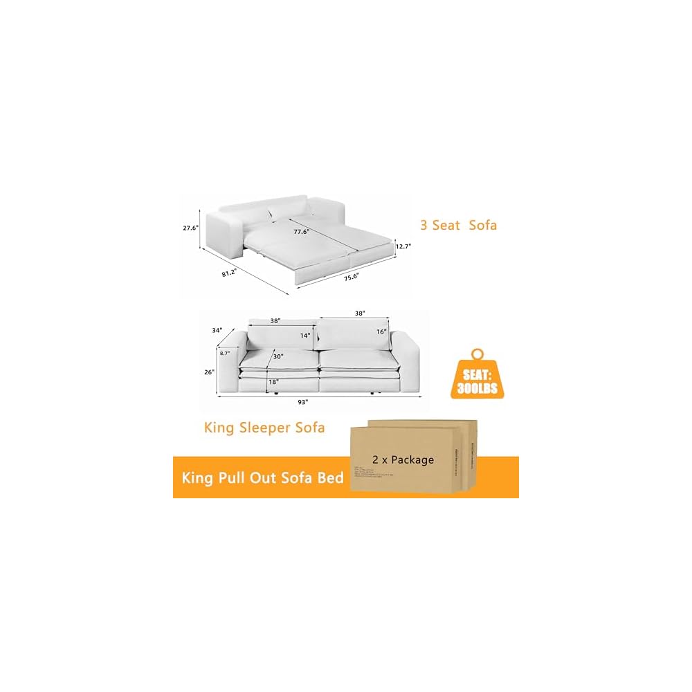 93" King Pull Out Sofa Bed, 3 in 1 Convertible Sleeper Sofa Couch, Comfy 3 Seater Sleeper Bed with 2 Pillows, Modern Upholstered Sherpa Fleece Futon Couches for Living Room, Bedroom, Beige