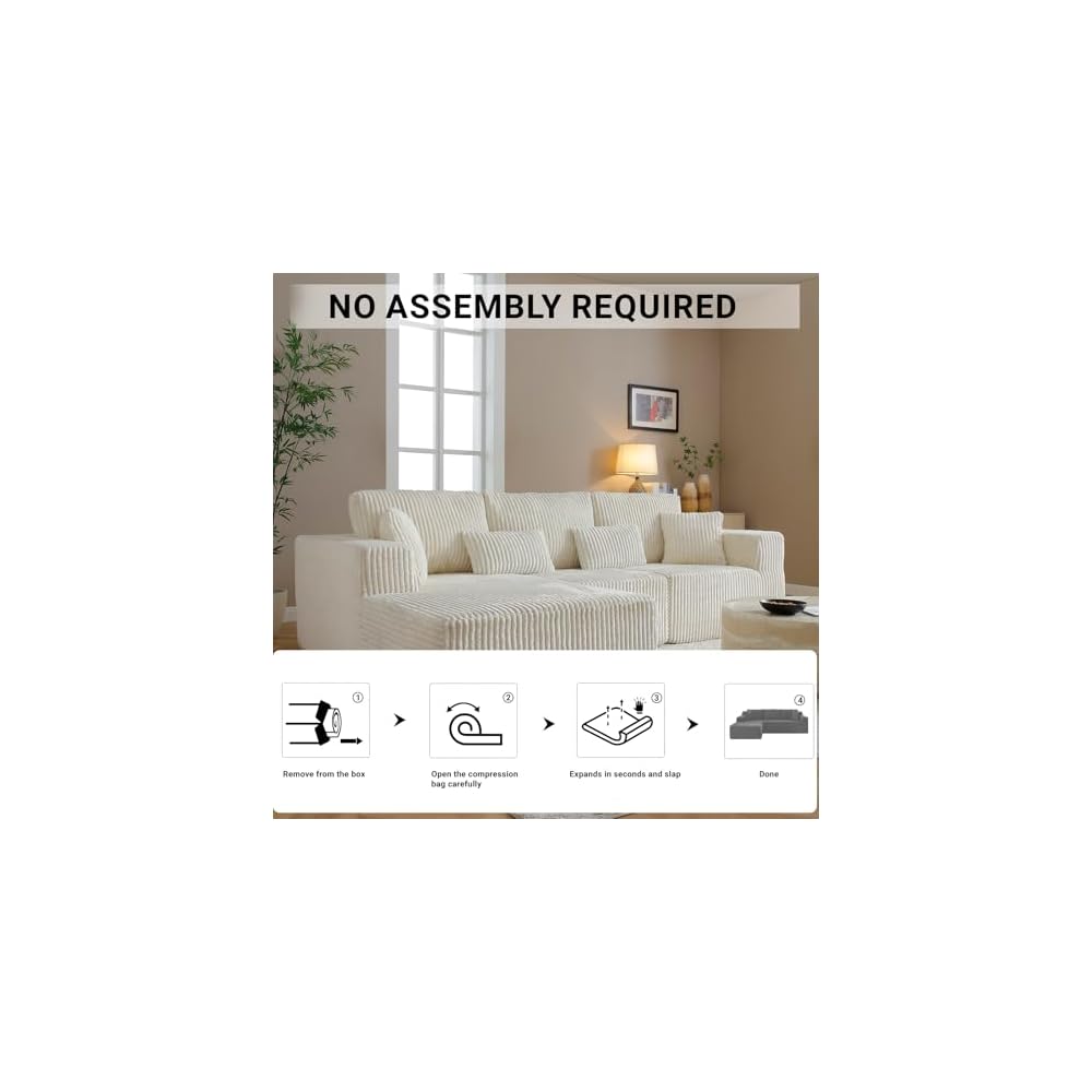 110 Inch Modular Sectional Sofa, L-Shaped Corduroy Boneless Couch with Chaise, Modern Deep Seat Sofa Upholstered Cloud Couches for Living Room, Bedroom, Apartment, Small Space, Beige