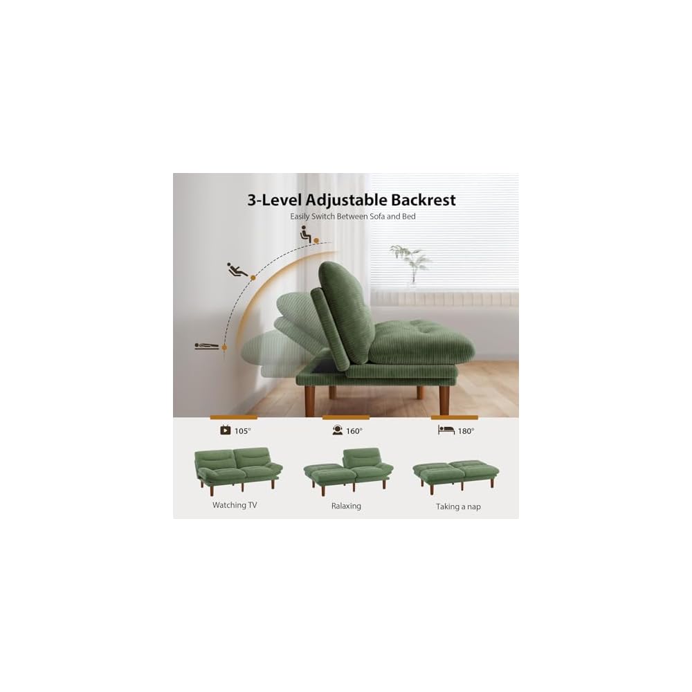 Pipishell Convertible Futon Sofa Bed, Corduroy, 75 inch, Green