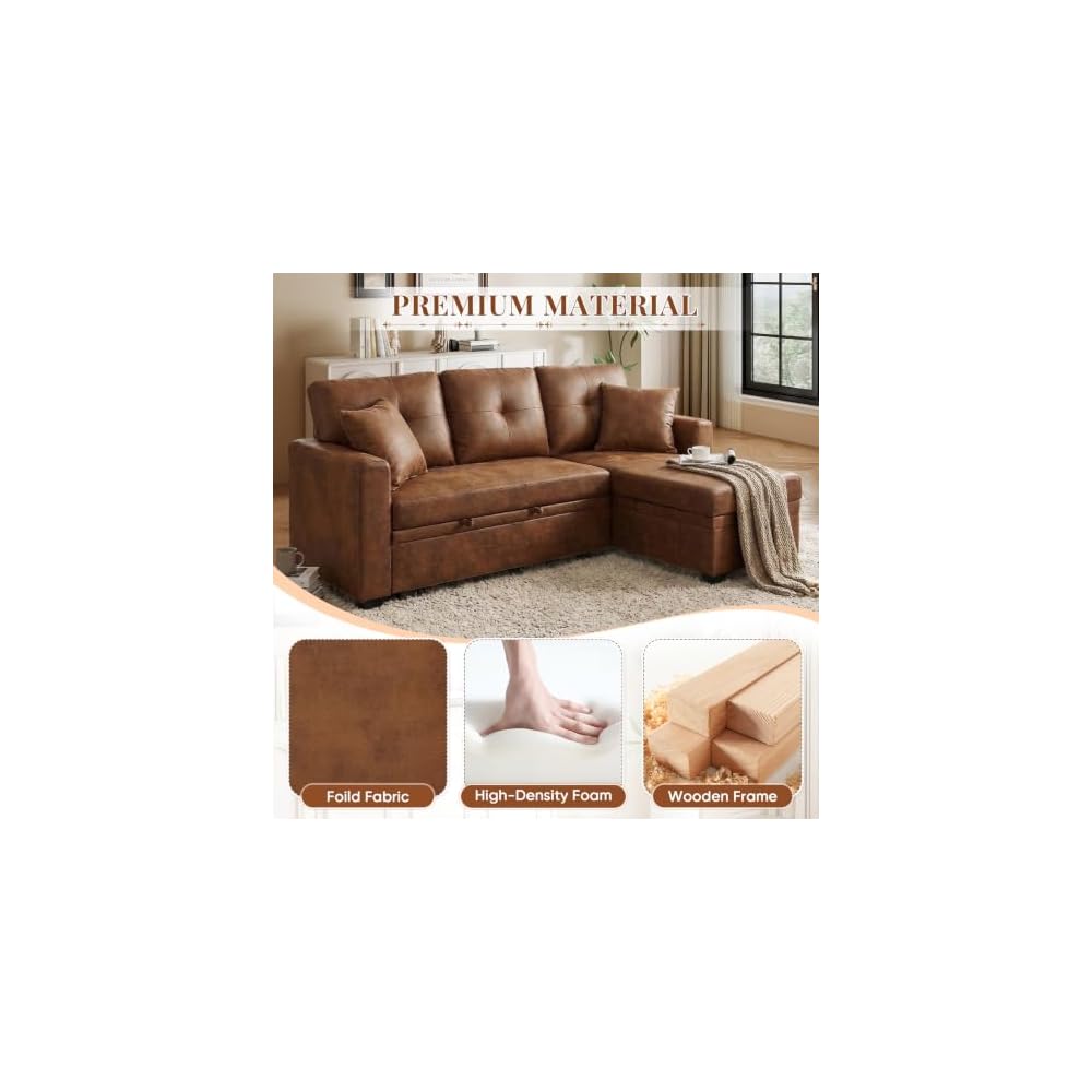 JEEOHEY Sectional Sleeper Sofa with Pull Out Bed,71" W L Shaped Couch Bed with Reversible Storage Chaise,Modern Convertible Sofa Beds with Tufted Design for Living Room,Bedroom(Foild Fabric,Brwon)