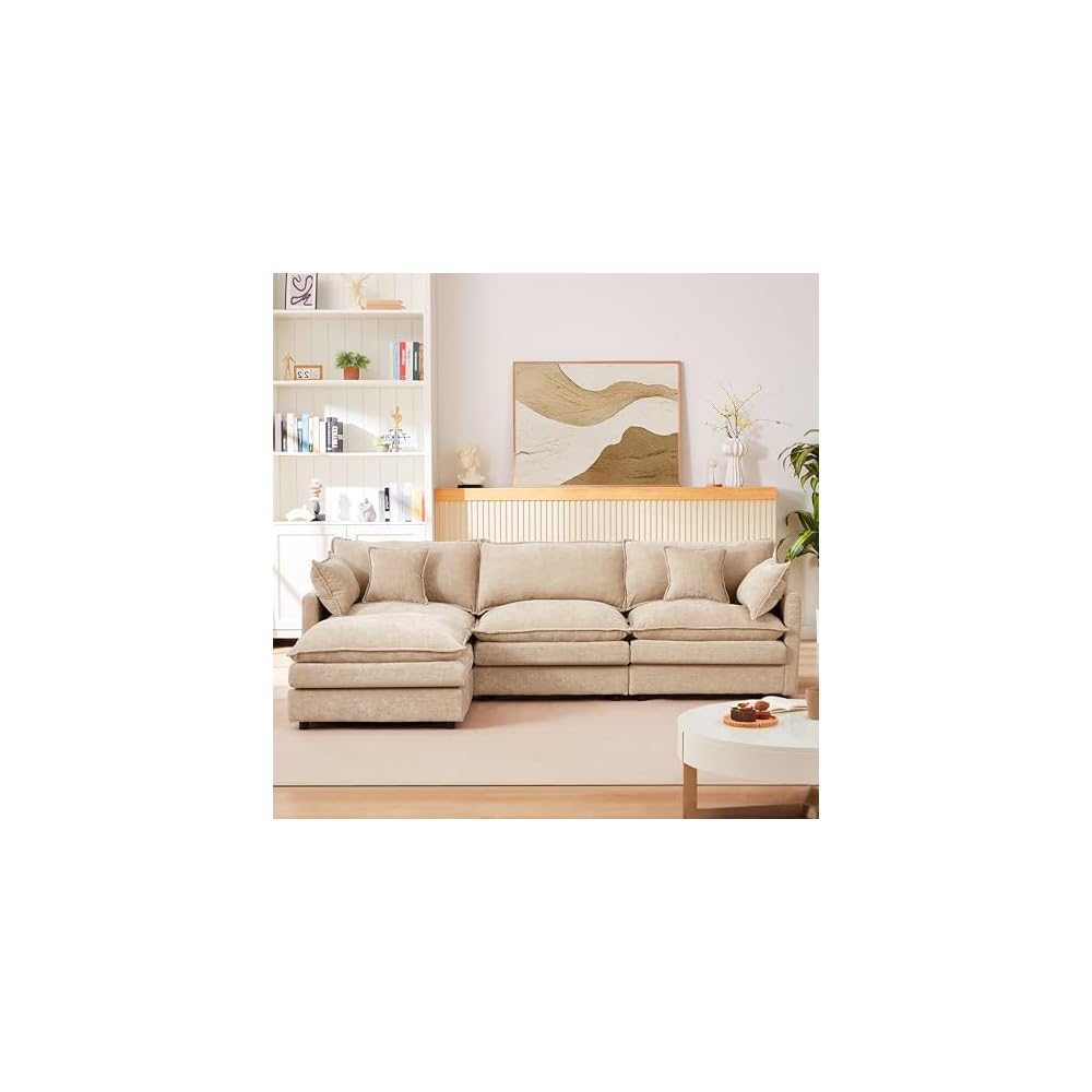Tan Sectional Modular Sofa Cloud Couch, 105" Modern Convertible L-Shape Sofa Deep 3-Seater Soft Chenille Comfy Upholstered with Removeable Ottoman Set and Removable Cushions for Living Room