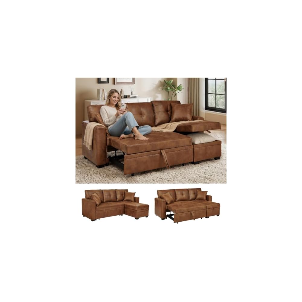 JEEOHEY Sectional Sleeper Sofa with Pull Out Bed,71" W L Shaped Couch Bed with Reversible Storage Chaise,Modern Convertible Sofa Beds with Tufted Design for Living Room,Bedroom(Foild Fabric,Brwon)