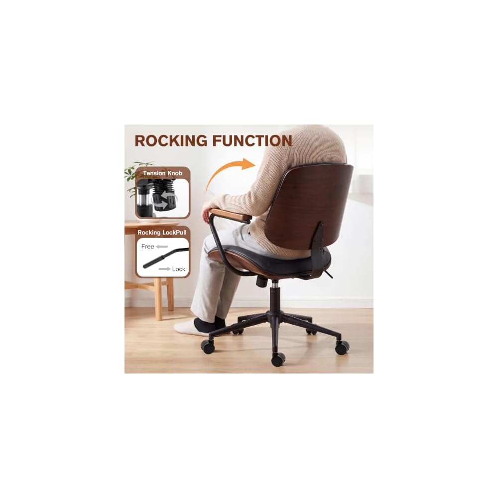 Mid-Century Modern Home Office Desk Chair with Wood Armrests, Black