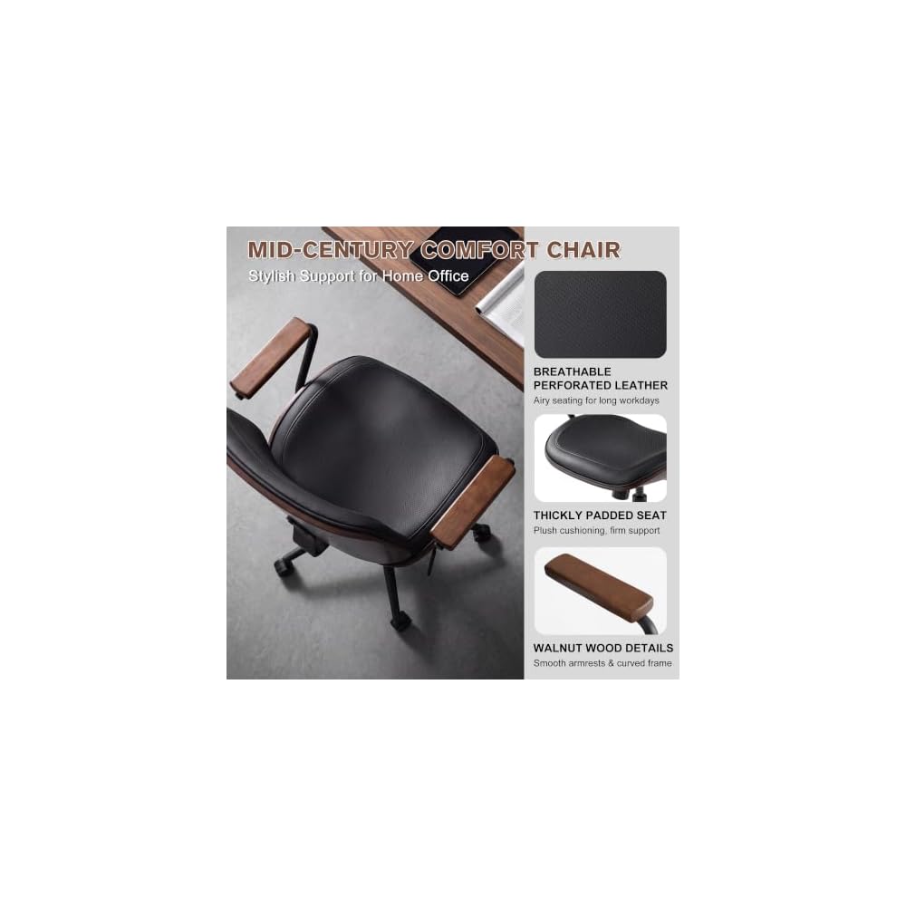 Mid-Century Modern Home Office Desk Chair with Wood Armrests, Black
