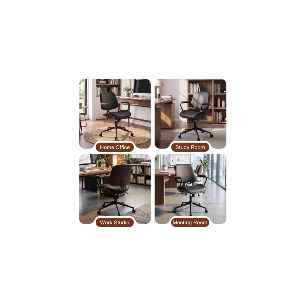 Mid-Century Modern Home Office Desk Chair with Wood Armrests, Black