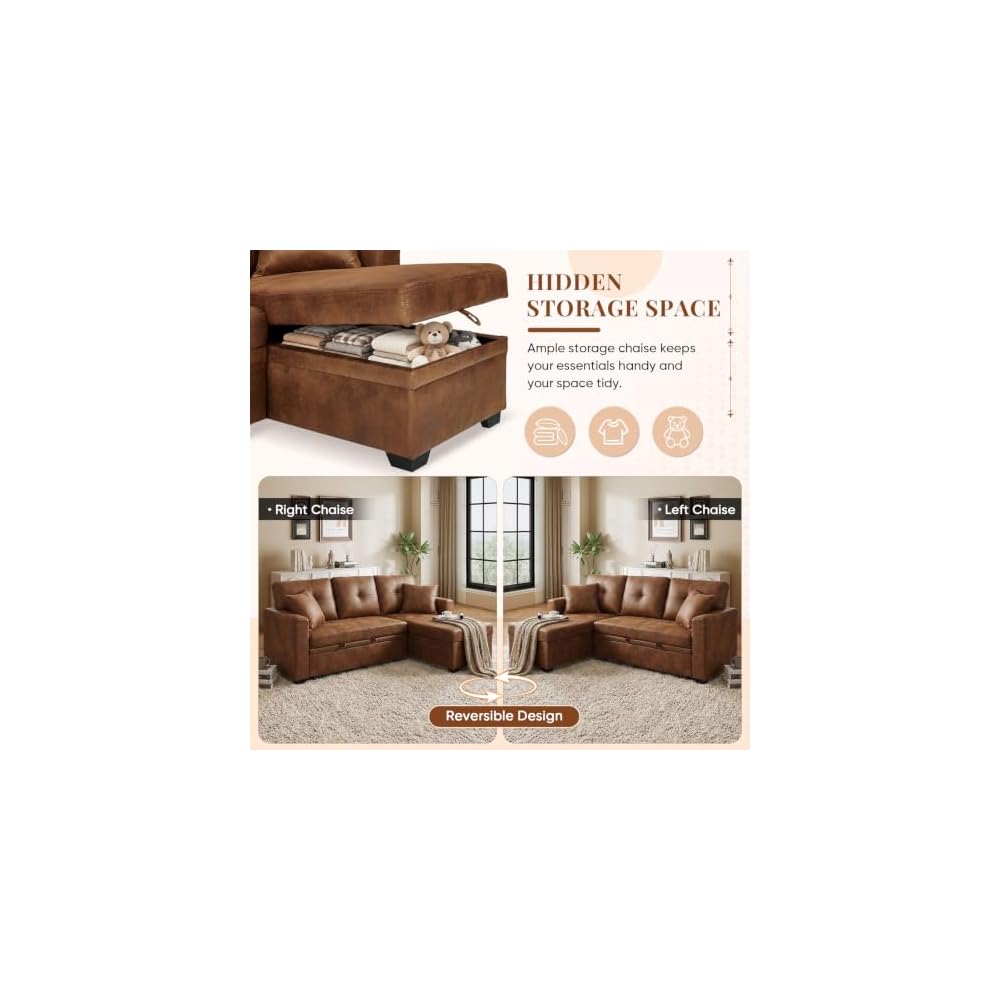 JEEOHEY Sectional Sleeper Sofa with Pull Out Bed,71" W L Shaped Couch Bed with Reversible Storage Chaise,Modern Convertible Sofa Beds with Tufted Design for Living Room,Bedroom(Foild Fabric,Brwon)