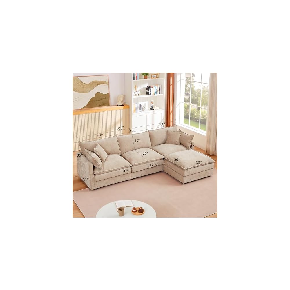 Tan Sectional Modular Sofa Cloud Couch, 105" Modern Convertible L-Shape Sofa Deep 3-Seater Soft Chenille Comfy Upholstered with Removeable Ottoman Set and Removable Cushions for Living Room