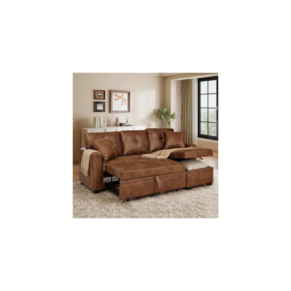JEEOHEY Sectional Sleeper Sofa with Pull Out Bed,71" W L Shaped Couch Bed with Reversible Storage Chaise,Modern Convertible Sofa Beds with Tufted Design for Living Room,Bedroom(Foild Fabric,Brwon)