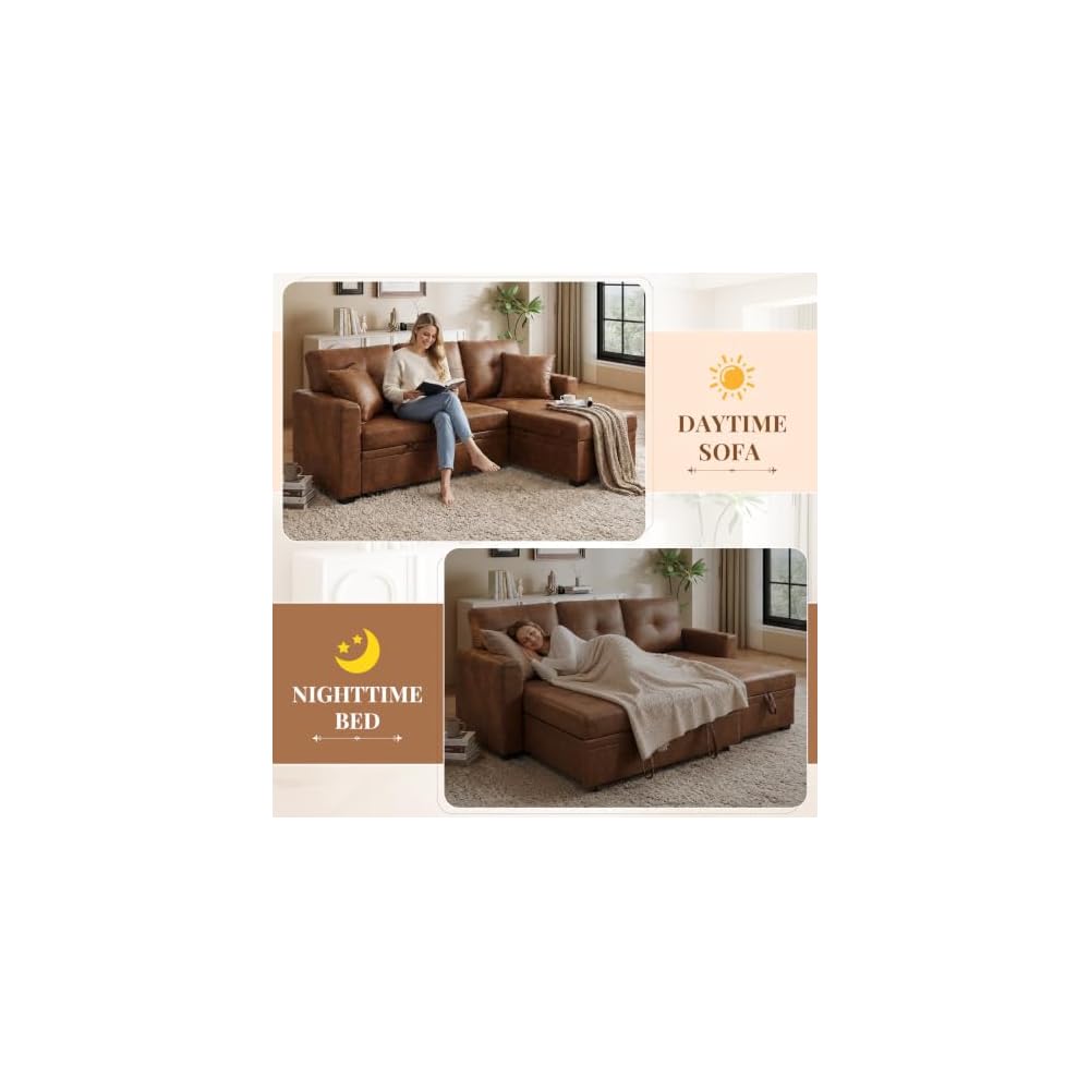 JEEOHEY Sectional Sleeper Sofa with Pull Out Bed,71" W L Shaped Couch Bed with Reversible Storage Chaise,Modern Convertible Sofa Beds with Tufted Design for Living Room,Bedroom(Foild Fabric,Brwon)