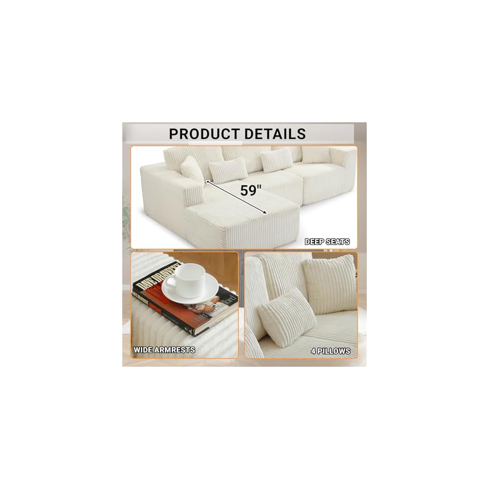 110 Inch Modular Sectional Sofa, L-Shaped Corduroy Boneless Couch with Chaise, Modern Deep Seat Sofa Upholstered Cloud Couches for Living Room, Bedroom, Apartment, Small Space, Beige
