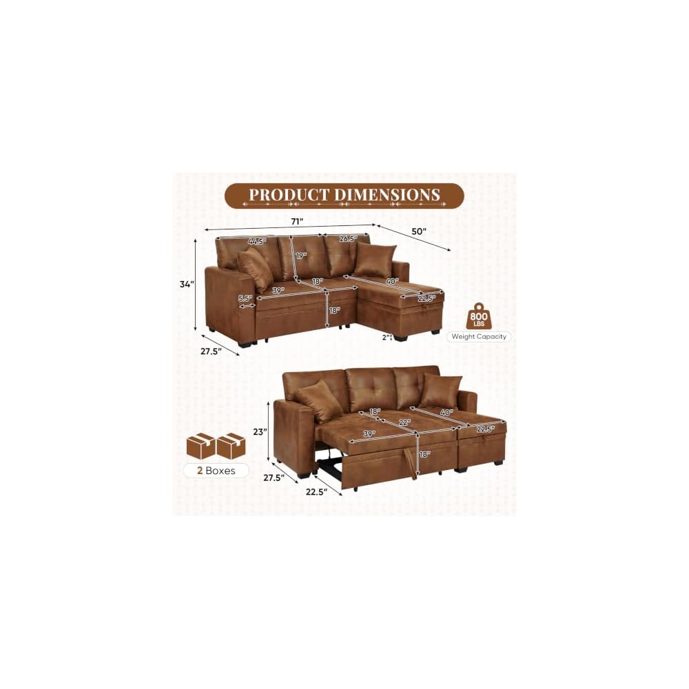 JEEOHEY Sectional Sleeper Sofa with Pull Out Bed,71" W L Shaped Couch Bed with Reversible Storage Chaise,Modern Convertible Sofa Beds with Tufted Design for Living Room,Bedroom(Foild Fabric,Brwon)
