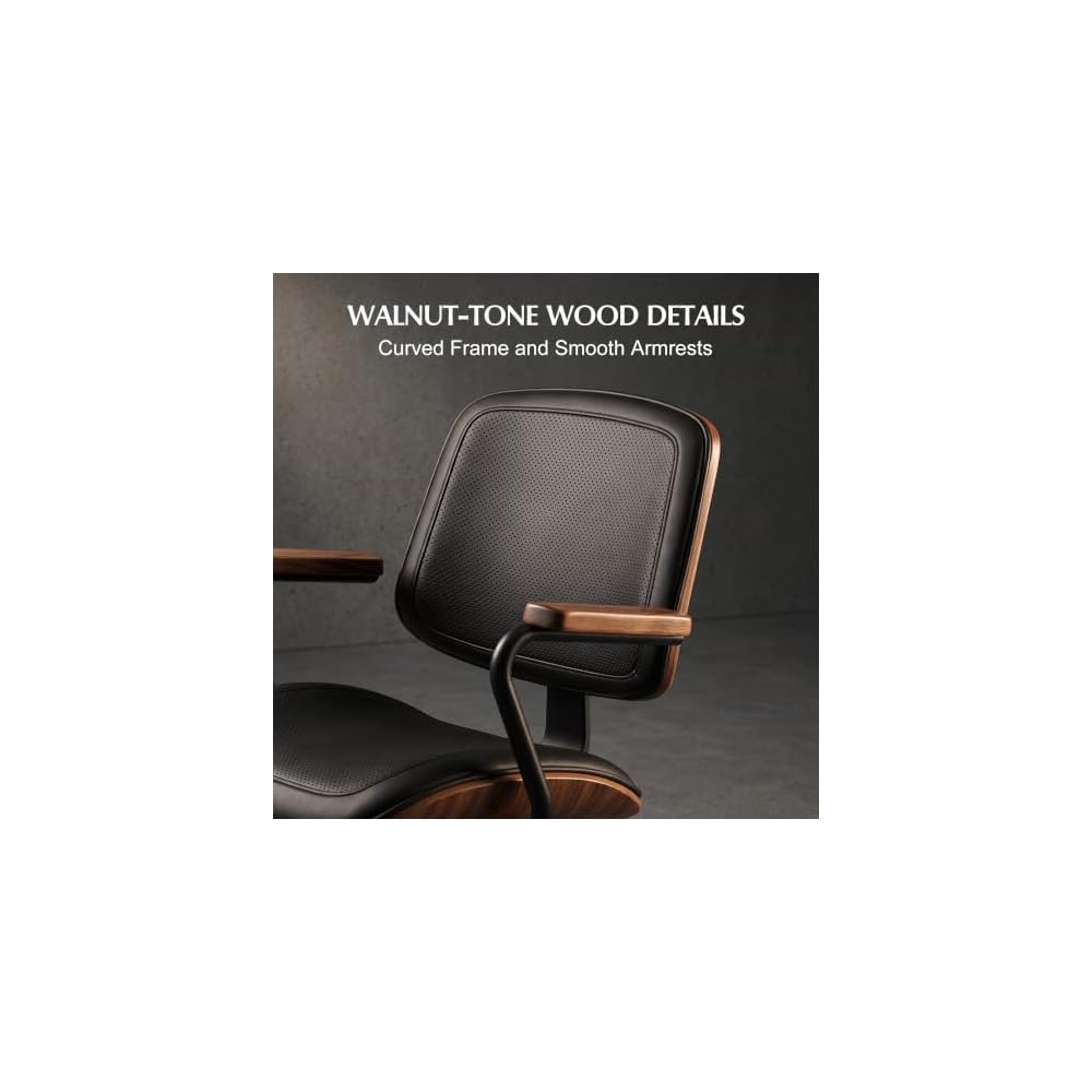 Mid-Century Modern Home Office Desk Chair with Wood Armrests, Black