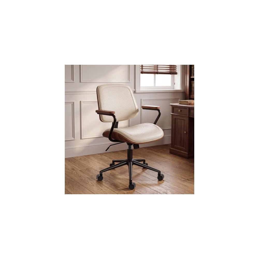 Mid-Century Modern Home Office Desk Chair with Wood Armrests, Black