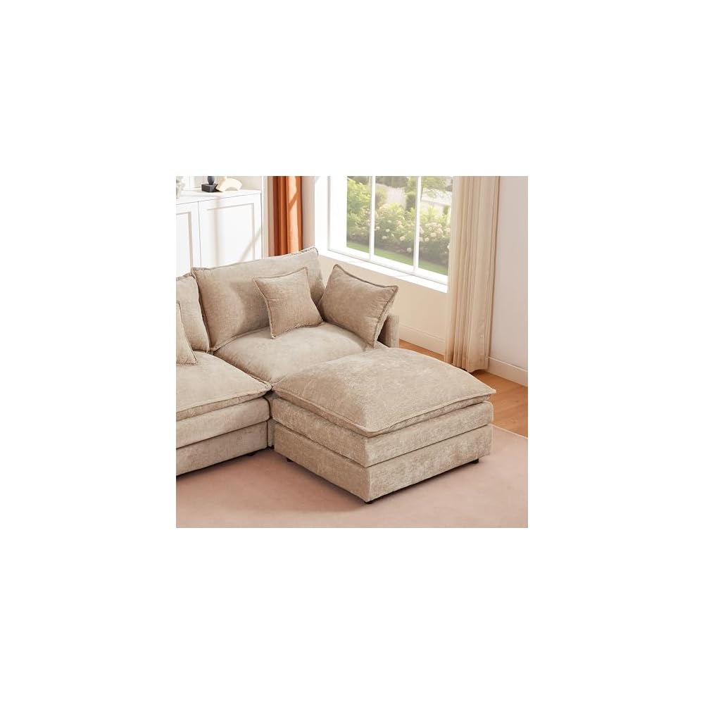 Tan Sectional Modular Sofa Cloud Couch, 105" Modern Convertible L-Shape Sofa Deep 3-Seater Soft Chenille Comfy Upholstered with Removeable Ottoman Set and Removable Cushions for Living Room