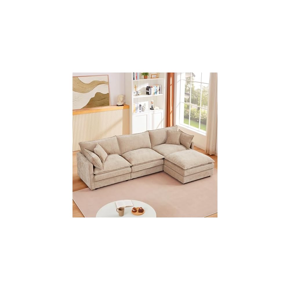 Tan Sectional Modular Sofa Cloud Couch, 105" Modern Convertible L-Shape Sofa Deep 3-Seater Soft Chenille Comfy Upholstered with Removeable Ottoman Set and Removable Cushions for Living Room