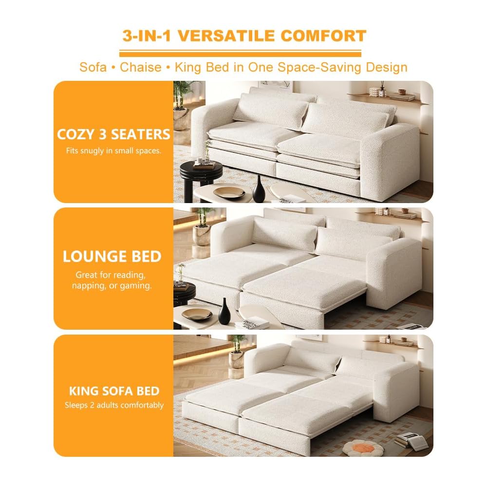 93" King Pull Out Sofa Bed, 3 in 1 Convertible Sleeper Sofa Couch, Comfy 3 Seater Sleeper Bed with 2 Pillows, Modern Upholstered Sherpa Fleece Futon Couches for Living Room, Bedroom, Beige