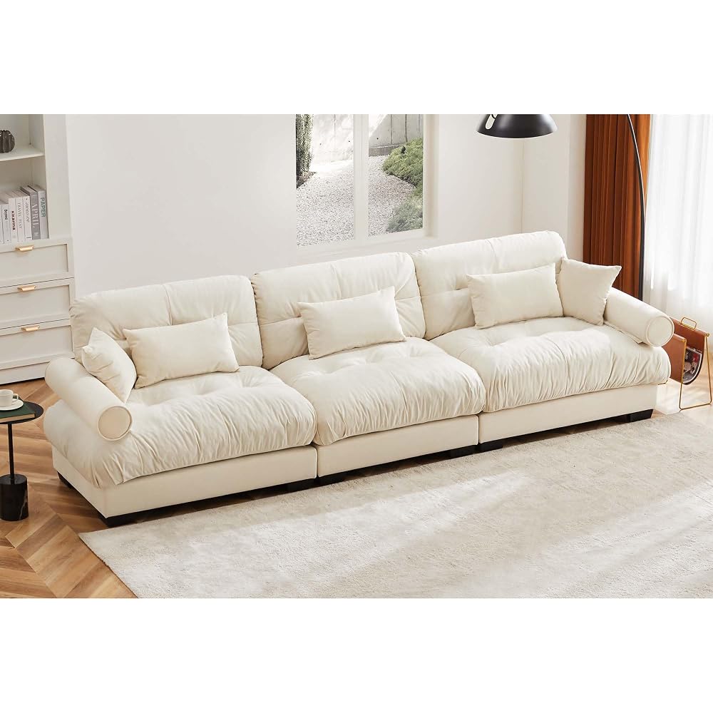 KEIKI 130" Oversized Velvet Modular Sectional Sofa with High-Density Foam Cushion and Bolstered Armrests, Upholstered Modern Style 3-Seater Cloud Couch with 5 Pillow, for Apartment, Living Room, Cream
