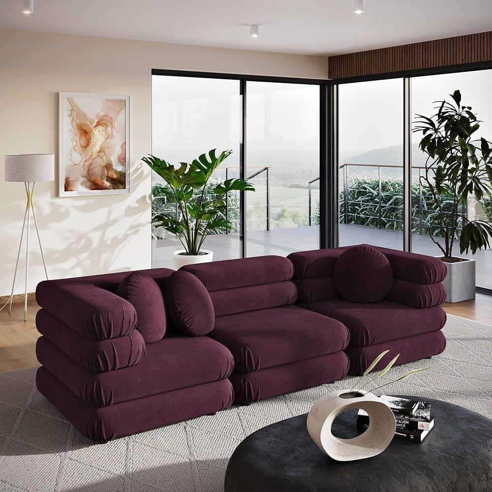Modway Jubilee Performance Velvet 3 Piece Sectional Sofa in Mulberry