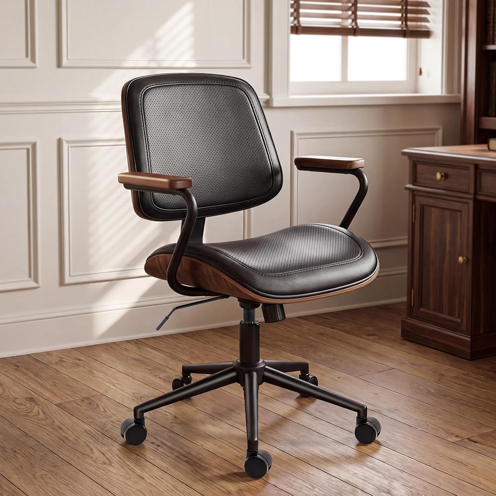 Mid-Century Modern Home Office Desk Chair with Wood Armrests, Black