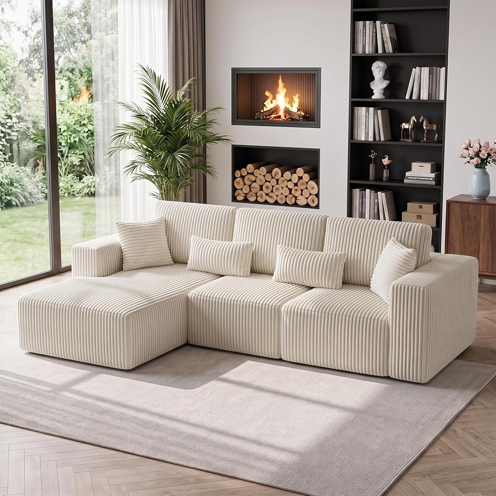 110 Inch Modular Sectional Sofa, L-Shaped Corduroy Boneless Couch with Chaise, Modern Deep Seat Sofa Upholstered Cloud Couches for Living Room, Bedroom, Apartment, Small Space, Beige