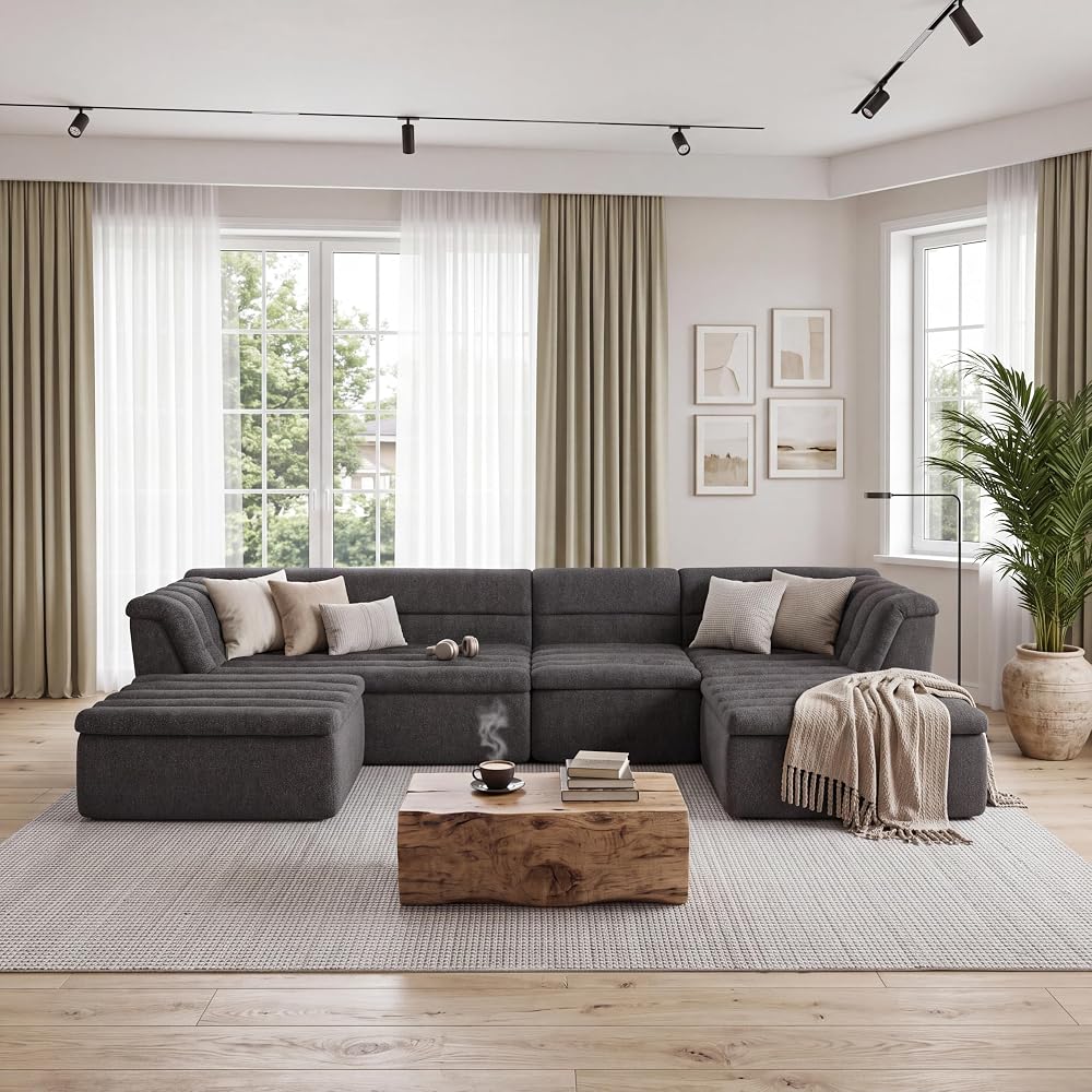 135" Oversized Compressed Sectional Boneless Sofa, Chenille Upholstered U-Shaped Foam Cloud Couch with 4 PCS, Upholstered Boneless Modular Sleeper Couch Lounger, No Assembly